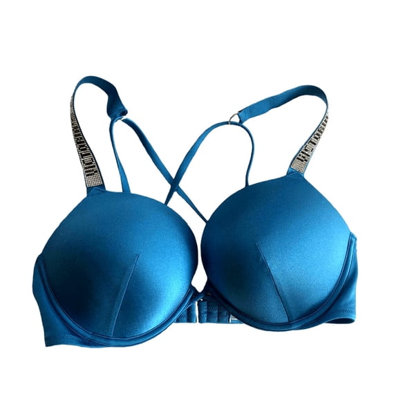 Victoria's Secret Bombshell Add 2 Cups Size Shine Strap Bikini Swim Top Rhinestone Logo Blue Size 38C NWT