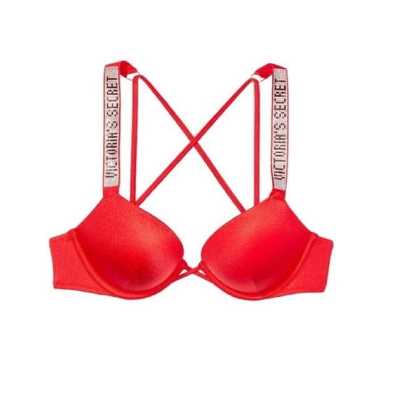 Victoria's Secret Bombshell Add 2 Cups Size Shine Strap Bikini Swim Top Rhinestone Logo Lipstick Red Size 36C NWT