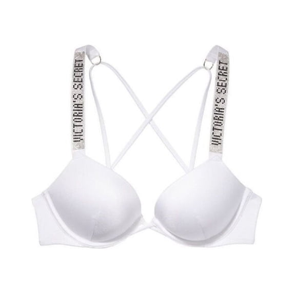 Victoria's Secret Bombshell Add 2 Cups Size Shine Strap Bikini Swim Top Rhinestone Logo White Size 34A NWT