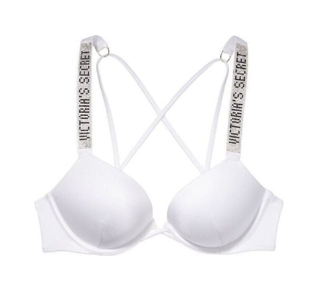 Victoria's Secret Bombshell Add 2 Cups Size Shine Strap Bikini Swim Top  Rhinestone Logo White Size 38C NWT 