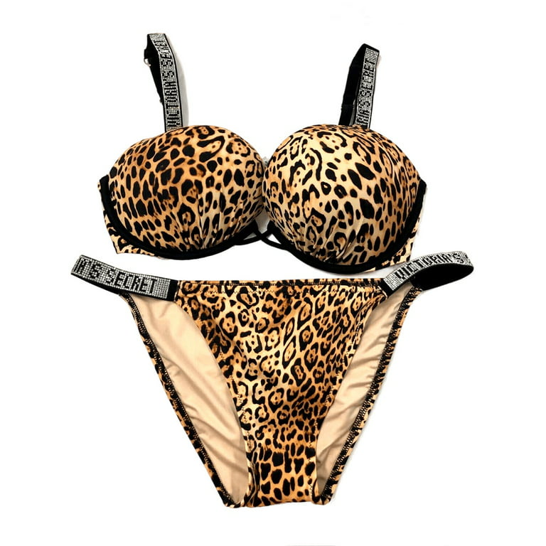 Victoria’s Secret Bombshell Push-up Add 2 Cup Size Leopard Shine Strap  Bikini Swim 2 Piece Set 36D, Large NWT