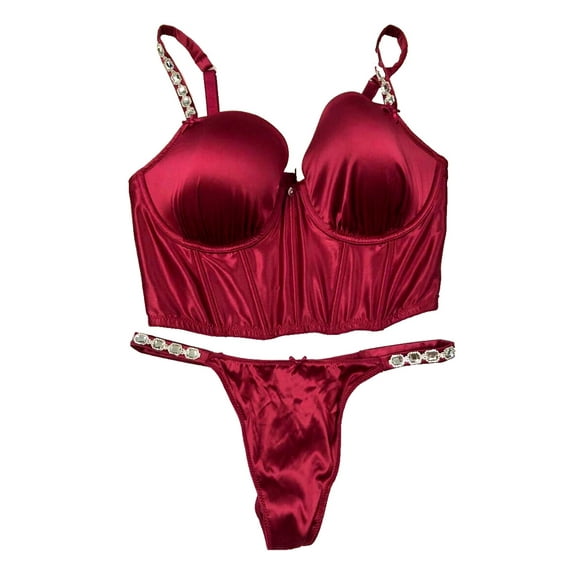 Victoria's Secret Dream Angels Bra Corset Top Bejeweled Satin Strap Claret Red with Thong 2 Piece Set Cup Size 32DD/Medium Panty NWT