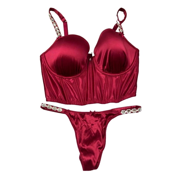 Victoria's Secret Dream Angels Bra Corset Top Bejeweled Satin Strap Claret Red with Thong 2 Piece Set Cup Size 38DD/XL Panty NWT