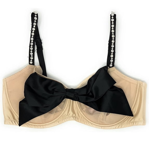 Victoria's Secret Dream Angels Push-Up Without Padding Bra Satin Bow Beige Rhinestone Strap 36C NWT