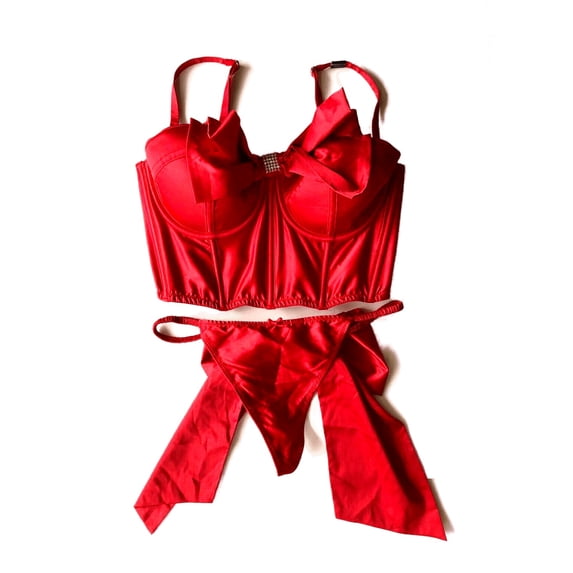 Victoria's Secret Dream Angels Red Bling Rhinestone Bow Long Line Satin Bra with V-String Set Lipstick Red 36C New