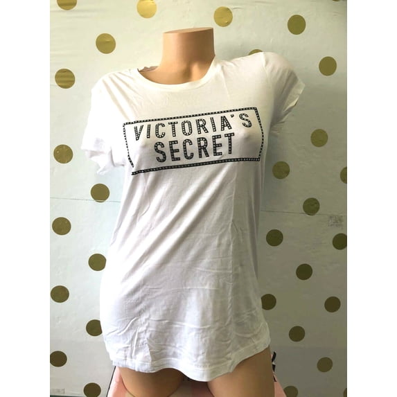 Victoria's Secret Graphic Bling Rhinestone White Short Sleeve T-Shirt Tee Size Small NWT
