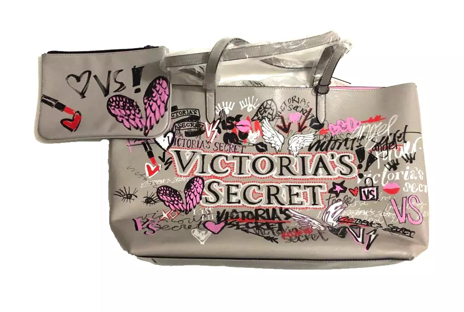 Victoria's Secret Gray Graffiti Weekender City Tote Bag Purse With Wristlet NWT