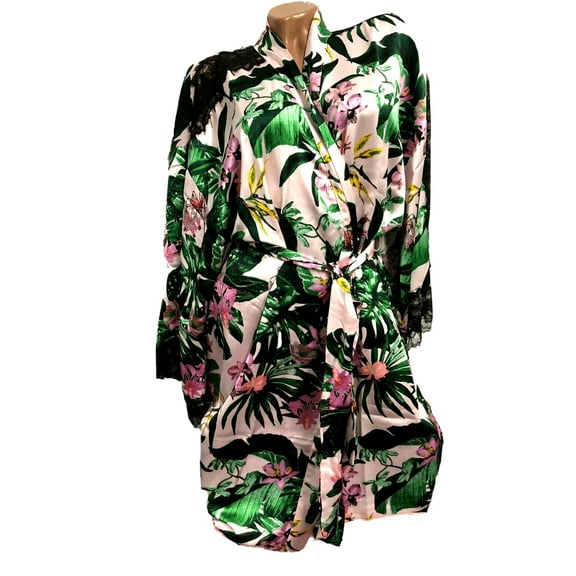 Victoria's Secret Lace Inset Satin Kimono Robe Light Pink Tropical Floral Lingere Size XS/S NWT