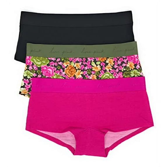 Victoria's Secret PINK Boyshort Panty Set of 3 Medium Black / Garden Floral / Magenta