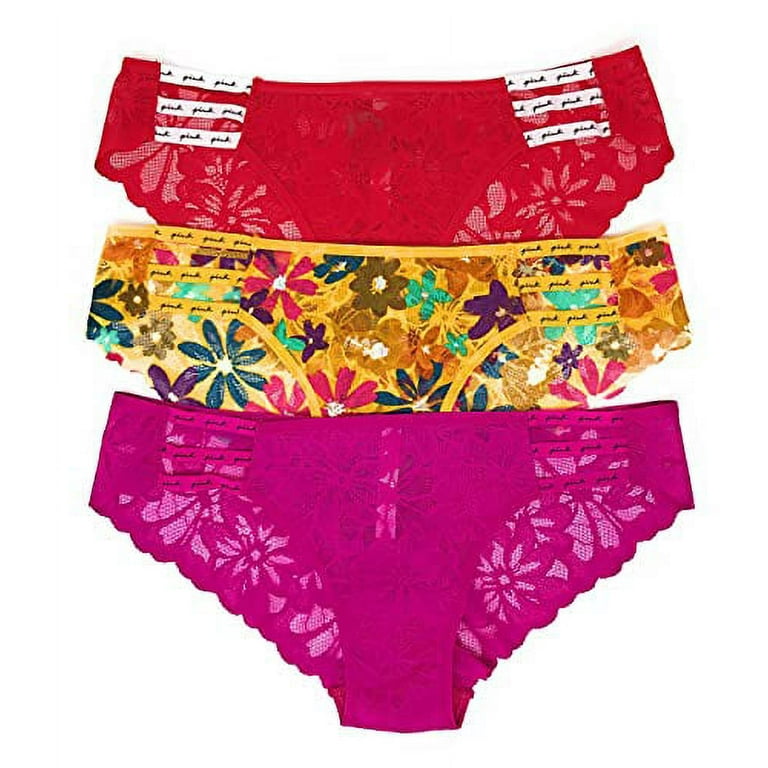 Victoria's Secret PINK Cheekster Panty Set of 3 Medium Strappy Red / Yellow  Floral / Magenta