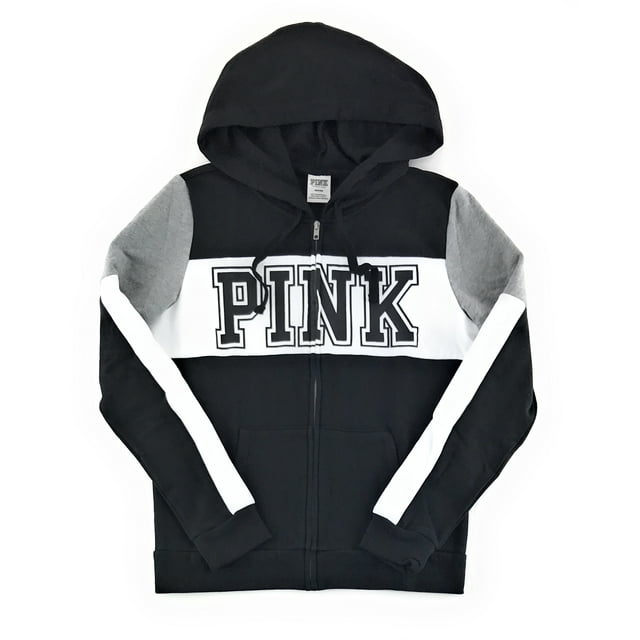 Victoria's Secret PINK Perfect Zip Hoodie Large Black White Gray Block