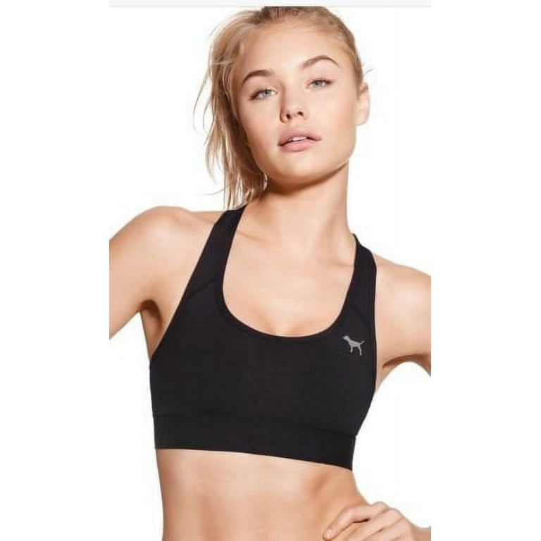 Victoria's Secret PINK Ultimate Unlined Light Support with Small Dog Logo Sports  Bra (Black & Grey, Large) 