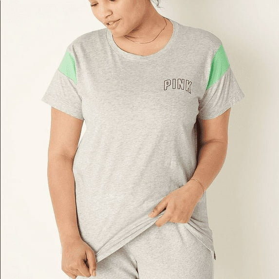 Victoria's Secret PINK Women's Logo Campus Shorts Sleeve T-Shirts Gray S, NWT