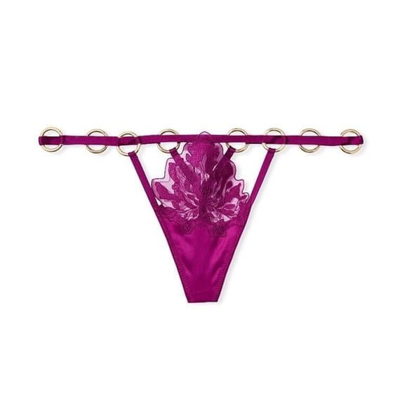 Victoria's Secret Panty Thong Leaf Embroidery Strappy V-String Ring Color Fuschia Size Small NWT