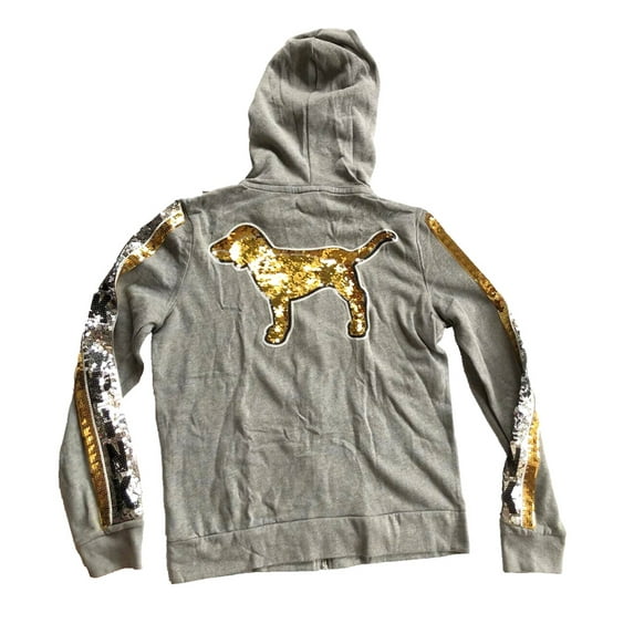 Victoria's Secret Pink Bling Sequins Dog Perfect Full Zip Hoodie Gray Size Small NWT