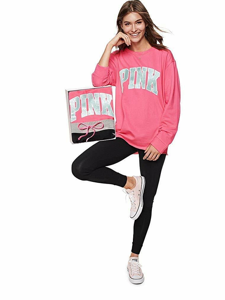 Victoria's Secret Pink Campus Crew Pullover & Campus Legging 2 Piece Gift  Set Coral Pink Size Large New 