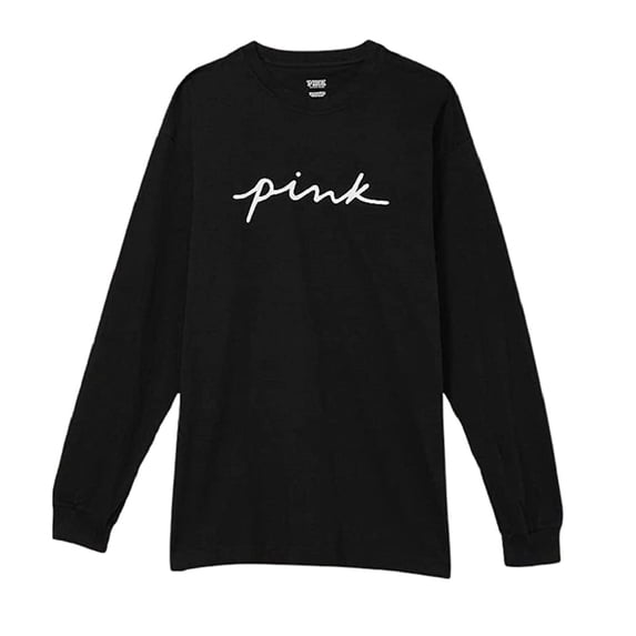 Victoria's Secret Pink Campus Long Sleeve Crew Tee T-shirt Black Script Logo Size Large NWT