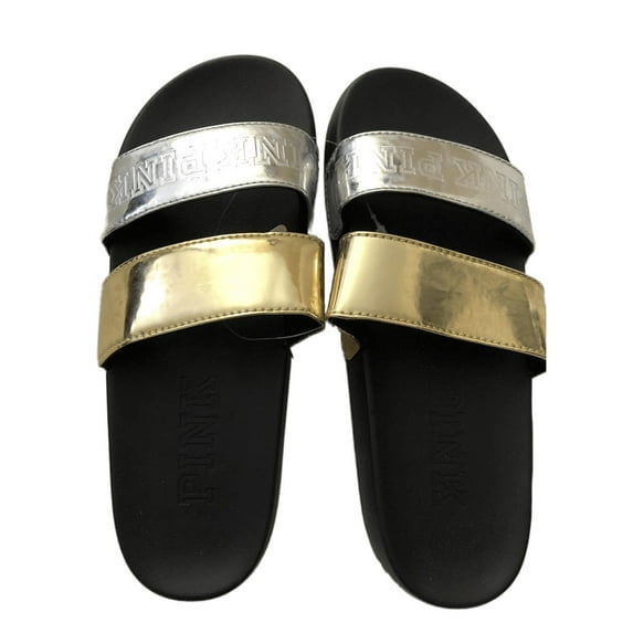 Victoria's Secret Pink Double Straps Slides Sandals Silver & Gold Logo Size Medium (7/8) NWT