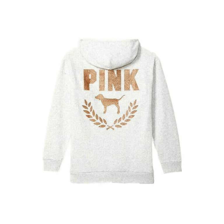 Victoria's Secret Pink Everyday Campus Pullover Sweatshirt Hoodie Gray Rose  Gold Shine Glitter Logo Size XXL New 