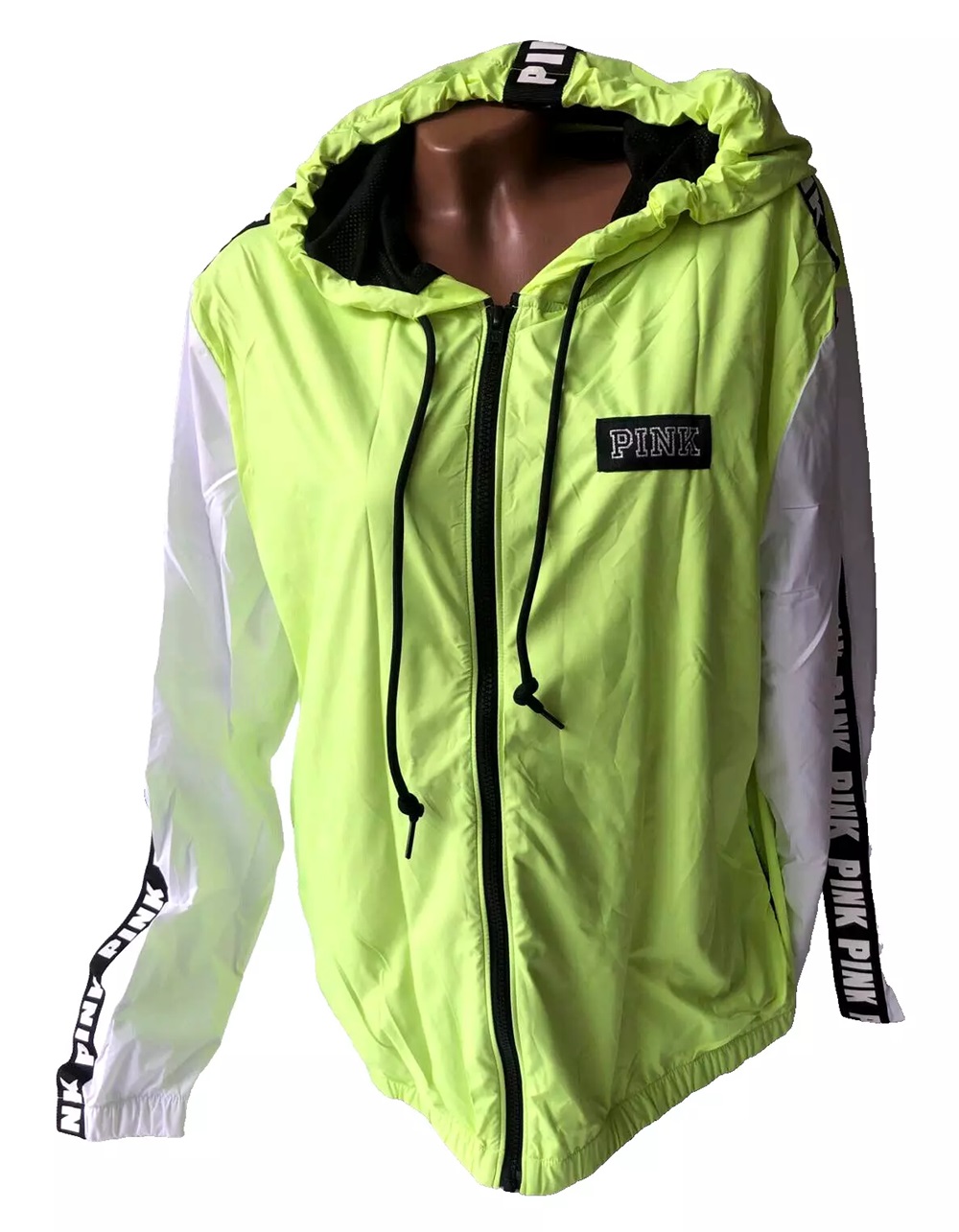 Victoria s Secret Pink Full Zip Hoodie Anorak Windbreaker Jacket Colorblock Neon Green White Size XS S NWT