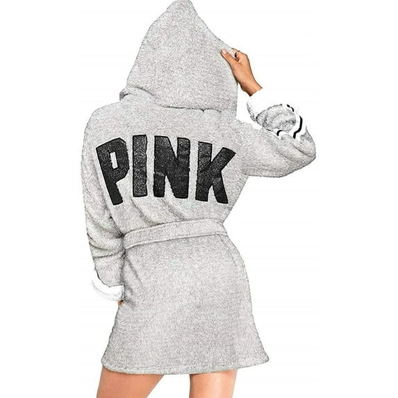 Victoria's Secret Pink Hooded Sherpa Lined Cozy Short Plush Robe Silver Gray XS/S New
