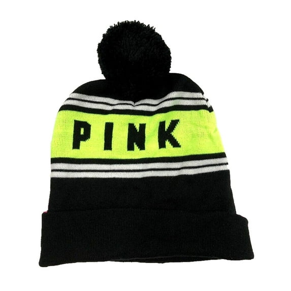 Victoria's Secret Pink Knit Pom-Pom Beanie Hat One Size Black/ Neon Green NWT