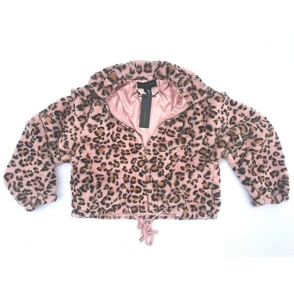 Victoria's Secret Pink Know One Cares Faux Fur Semi Crop Full Zip Jacket Pink Leopard Medium New
