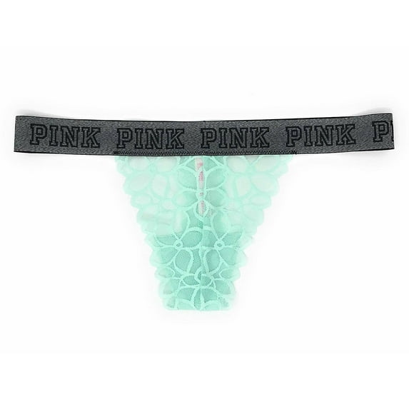 Victoria's Secret Pink Logo Elastic Lace Thong Panty for Women Mint Green Size Large New
