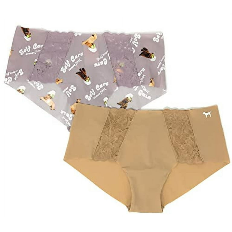 Victoria's Secret Pink No-Show Hipster Hiphugger Panty, Lace-trim  Nude/Lilac Puppies, X-Large 