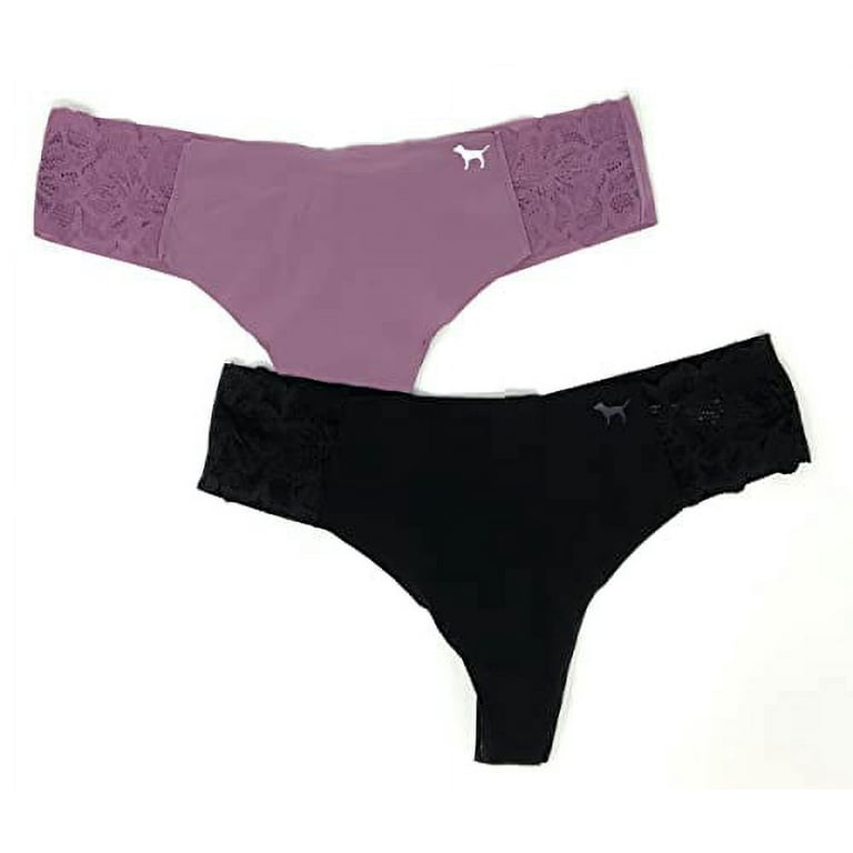 Victoria's Secret Pink No-Show Thong Panty, Lace-Trim Black/Mauve