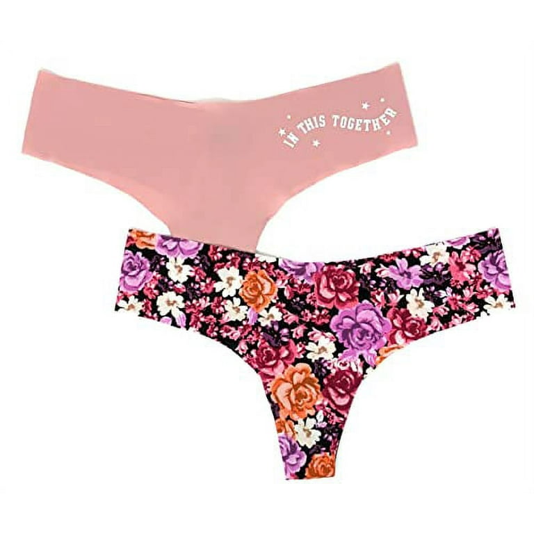 Victoria's Secret Pink No-Show Thong Panty, Pink Together/Red Floral, Medium  