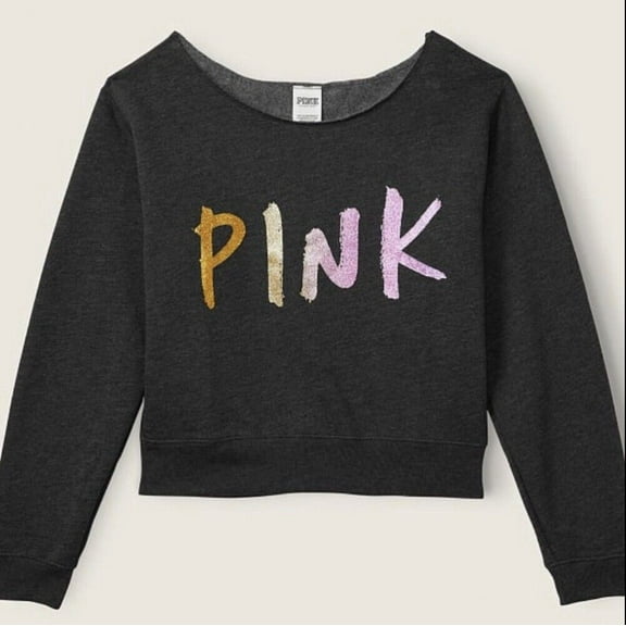 Victoria's Secret Pink Off Shoulder Brush Shine Ombre Glitter Sweatshirt Dark Gray Size Medium NWT
