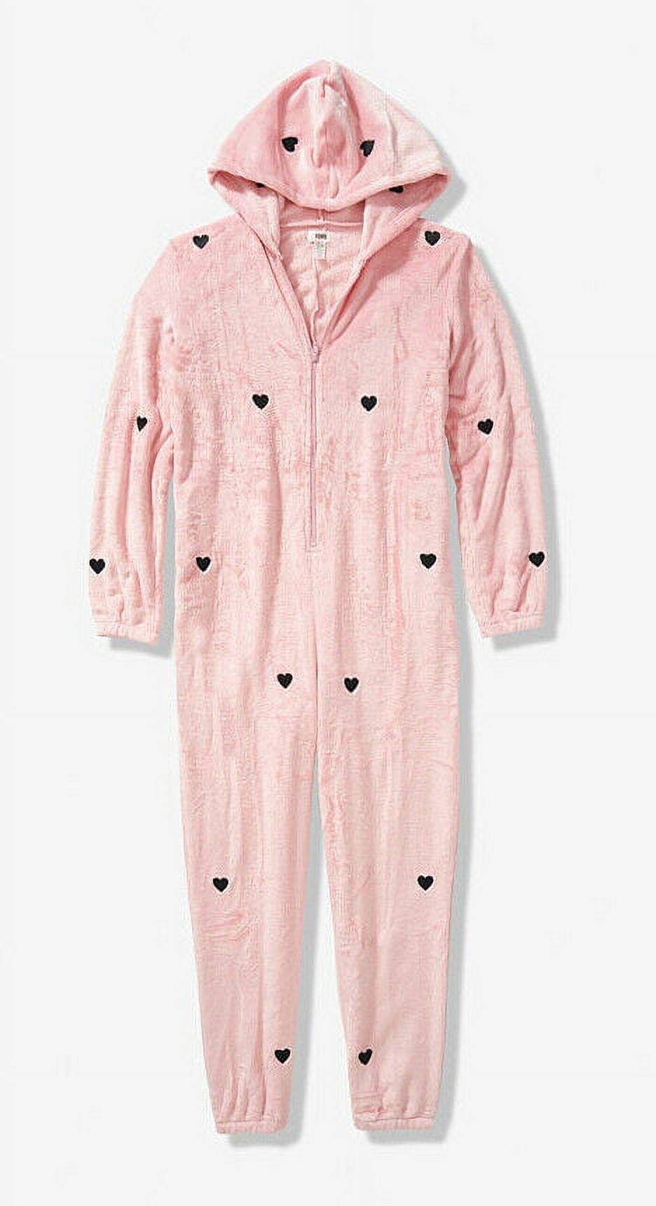 Victoria's Secret Pink One Piece Hooded Fuzzy Pajamas Pink Hearts