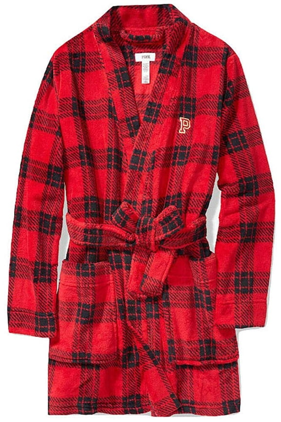 Pink Plush Robe with Pockets (XS/S, Red Black Plaid)