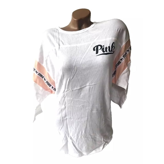 Victoria's Secret Pink Raglan Oversized T-shirt 3/4 Sleeve White Pink, Medium NWT
