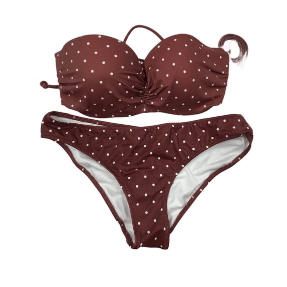 Victoria's Secret Pink Ruched Strapless Push Up Bandeau Swim Bikini 2 Piece Set Brown Polka Dot Size Small NWT