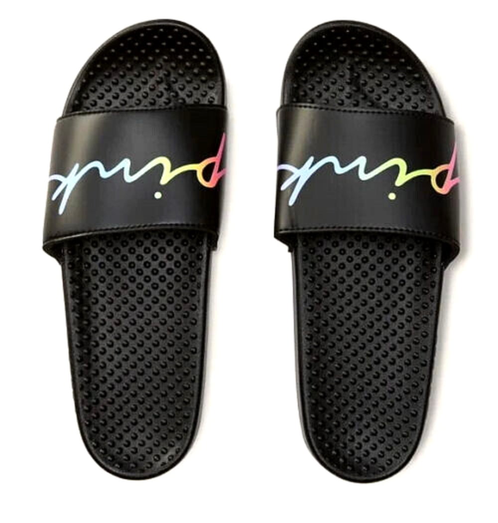 Victoria's Secret Pink Script Ombre Rainbow Logo Slides Sandal Beach Shoes Black Size Large (9/10) NWT