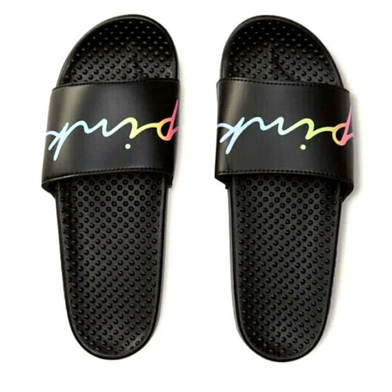 Victoria's Secret Pink Script Ombre Rainbow Logo Slides Sandal Beach Shoes Black Size Medium (7/8) NWT
