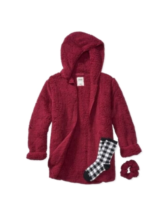 Victorias Secret Pink Sherpa Cardigan Gift Set-Jacket, Socks, Scrunchy & Bag Burgundy New