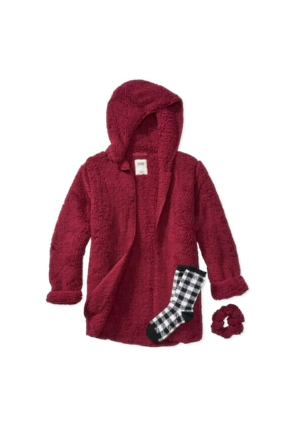 Victorias Secret Pink Sherpa Cardigan Gift Set-Jacket, Socks, Scrunchy & Bag Burgundy New