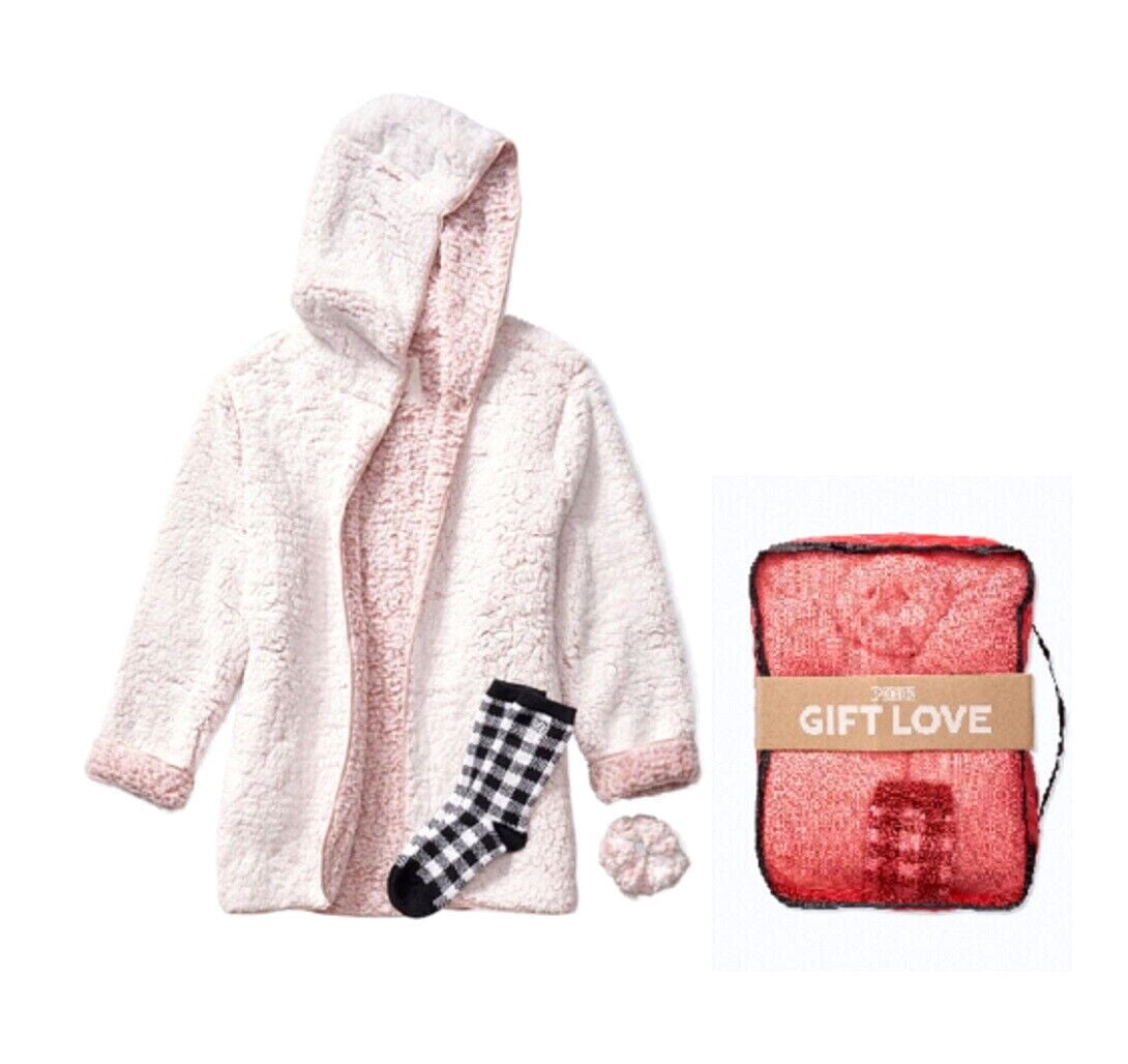 Victoria's Secret Pink Sherpa Pink Cardigan Gift Set One Size with Socks Scrunchie Bag New