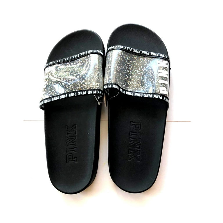 Victoria's Secret Pink Single Strap Slides Sandals Clear with Logo Glitter  Strap Size Small (5/6) NWT