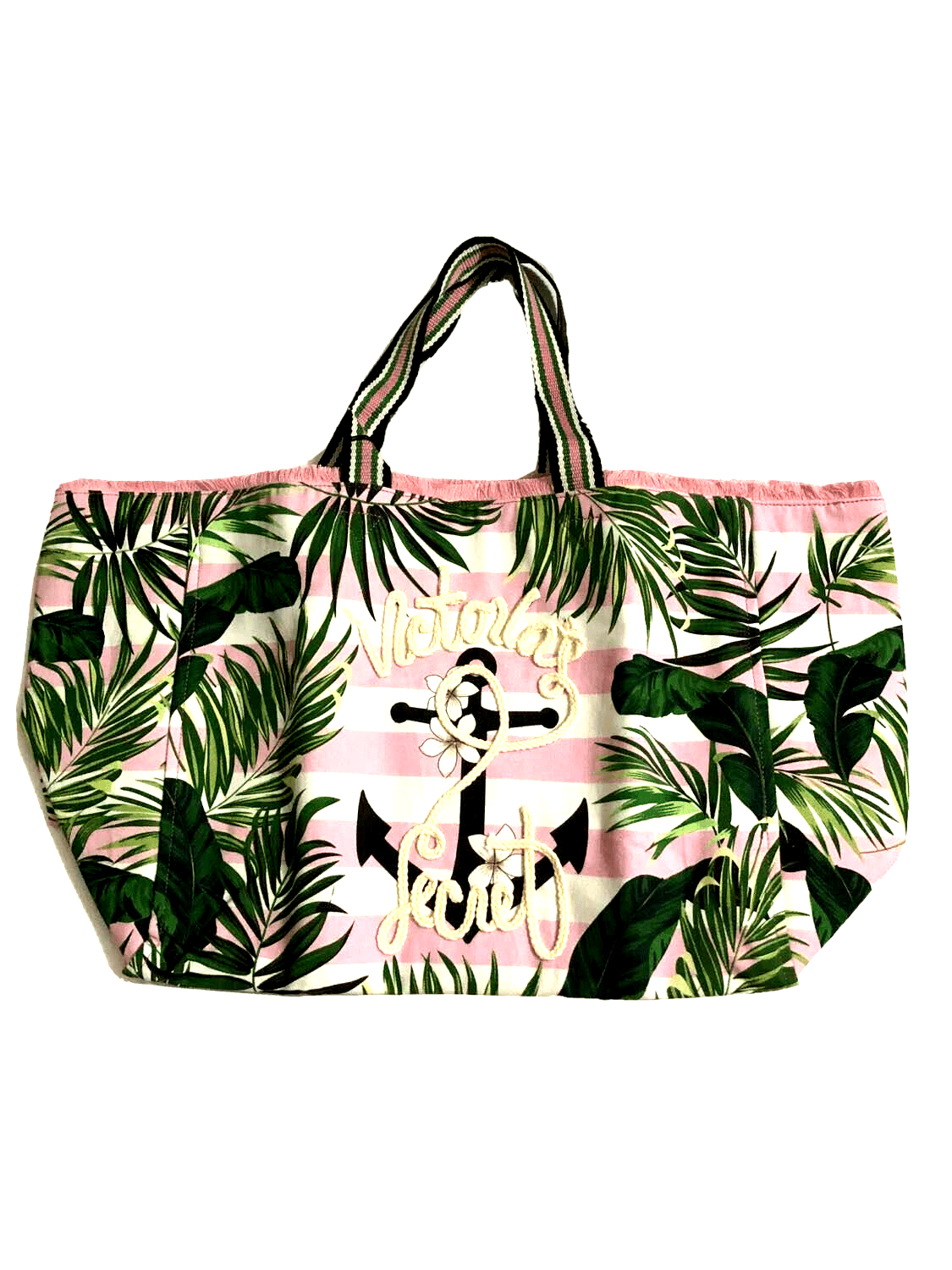 Victoria's Secret Pink Stripe Paradise Palm Large Beach Tote Bag New 