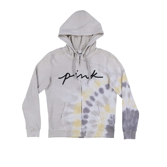 Victoria's Secret Pink Sweatshirt Perfect Full Zip Gray Yellow Tie Dye Medium New