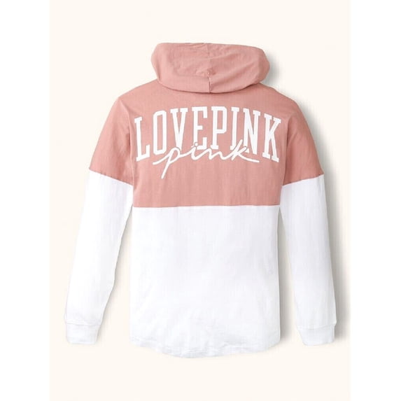 Victoria's Secret Pink Varsity Long Sleeve Pullover Hoodie Tee Colorblock Pink and White Size Medium NWT