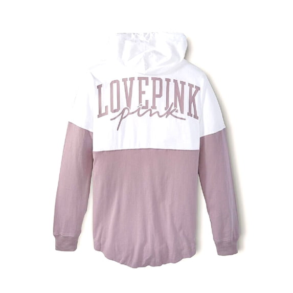 Victoria's Secret Pink Varsity long sleeve Pullover Hoodie Tee Dreamy Lilac and White Size Large NWT