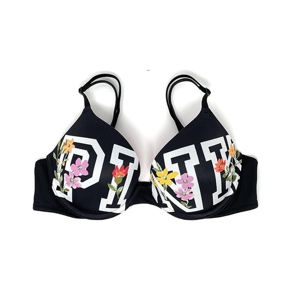 Victoria's Secret Pink Wear Everywhere Push-Up Bra Black Block Logo Floral Size 34DD NWT