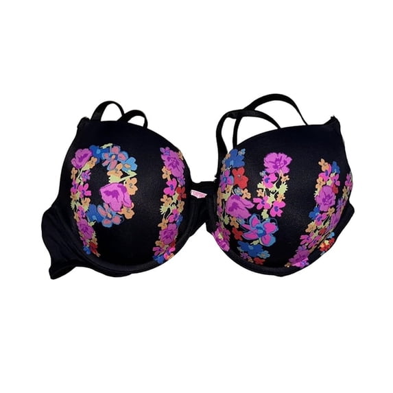 Victoria's Secret Pink Wear Everywhere Push-up Bra, Black Logo Floral Size 34DD NWT