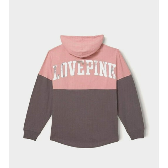 Victoria's Secret Pink Women Varsity Colorblock Pullover Hoodie Pink Charcoal Gray Size Medium NWT