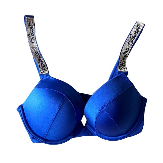Victoria's Secret Rhinestone Shine Logo Strap Push-up Bikini Swim Top Blue Cup Size 34DD NWT